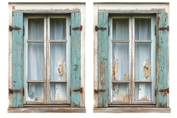 A Pair of Rustic, Weathered Windows with Teal Shutters