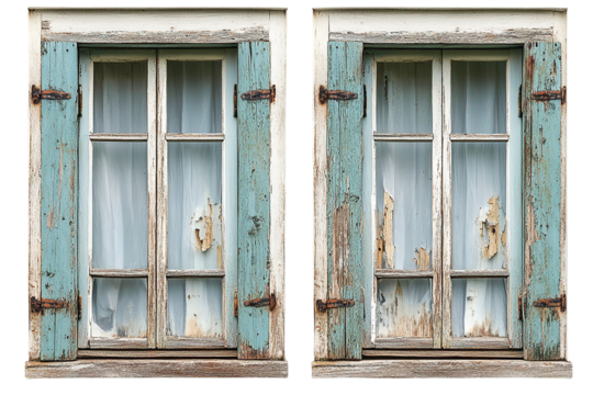 A Pair of Rustic, Weathered Windows with Teal Shutters
