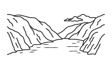 Stunning view of a Norwegian fjord, showcasing steep cliffs and calm waters under a clear blue sky line art flat vector illustration.