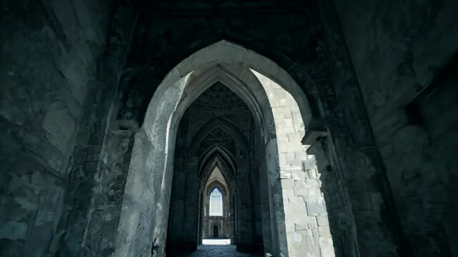 Camera zooms in through Gothic corridor where bounce light softly reveals the underside of arches, enhancing texture without breaking the moody tone. Concept of quiet mystery and architectural drama