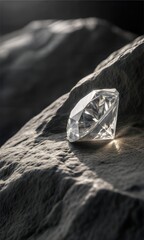 Rough uncut diamond positioned on a rock surface, symbolizing raw elegance. (Diamond)