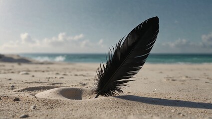 Black feather standing upright on white sand. Representing balance, fragility, or a single thought among silence. Copy space.