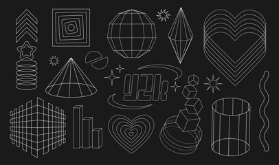 Geometry wireframe shapes and grids in neon white color. 3D hearts, abstract backgrounds, patterns, cyberpunk elements in trendy psychedelic rave style. 00s Y2k retro futuristic aesthetic.