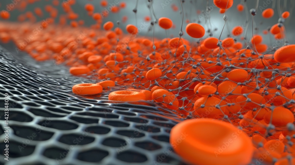Poster microscopic cellular network: a 3d render of blood cells on a hexagonal lattice