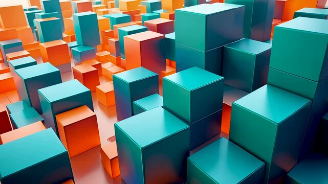 Turquoise and orange geometric cubes in abstract 3D isometric digital pattern loop