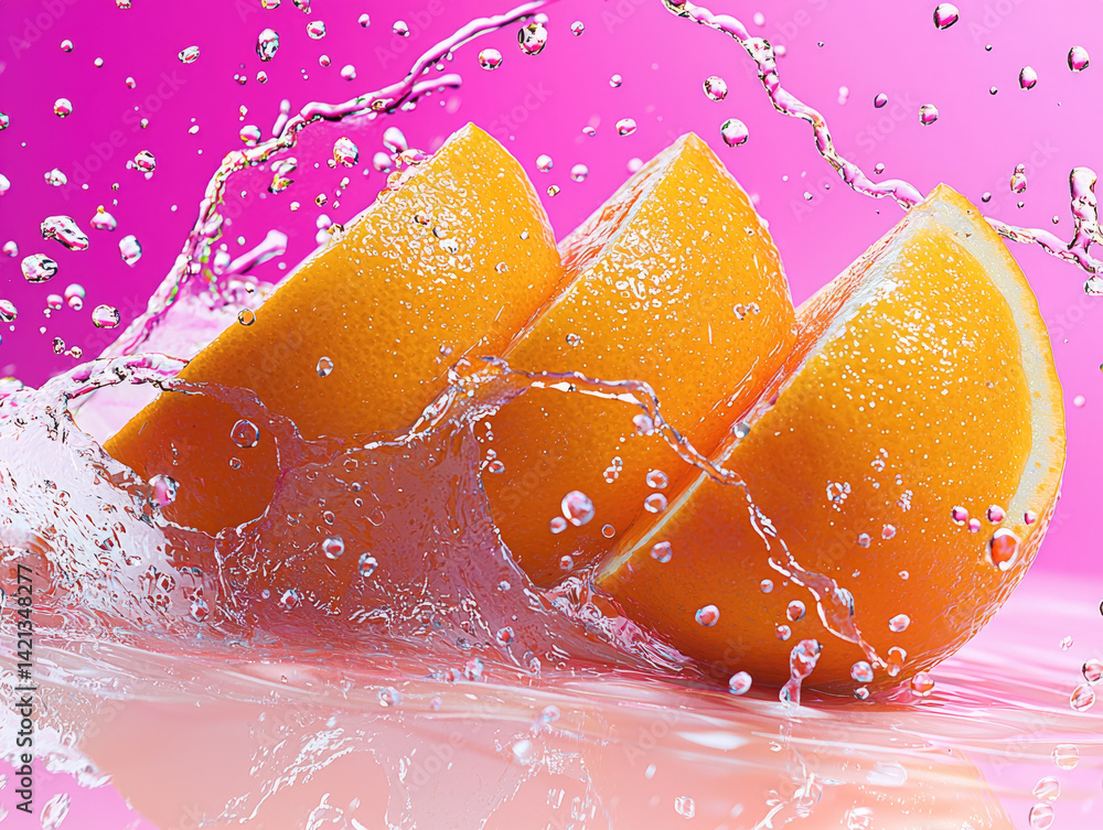 Poster fresh orange slices splash in water, creating vibrant scene with droplets glistening against pink ba