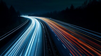 Long Exposure Shot of Highway at Night Showing Light Trails from Cars