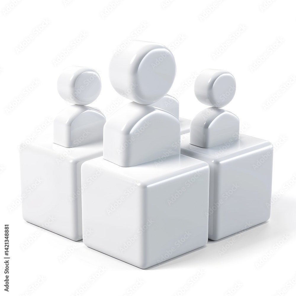 Poster four stylized figures clustered on cubic blocks.