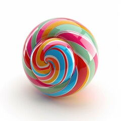 Multicolored, swirled lollipop sphere against white backdrop.