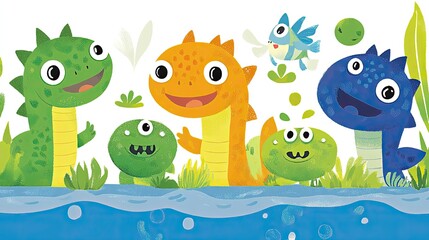 Obraz premium Playful Prehistoric Pals by the Pond: A whimsical illustration featuring adorable cartoon dinosaurs enjoying a day by the water