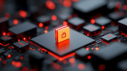 Red Glowing Security Lock on a Circuit Board