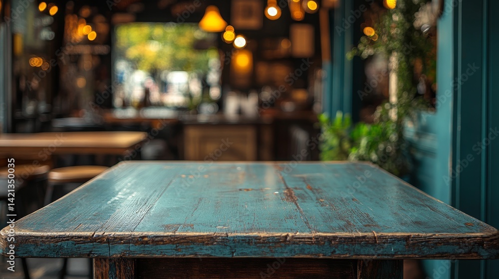 Aufkleber rustic turquoise table surface with charming imperfections in an inviting bar atmosphere creates a c