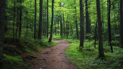 Fototapeta premium Serene forest pathway, inviting walk through a lush green woodland