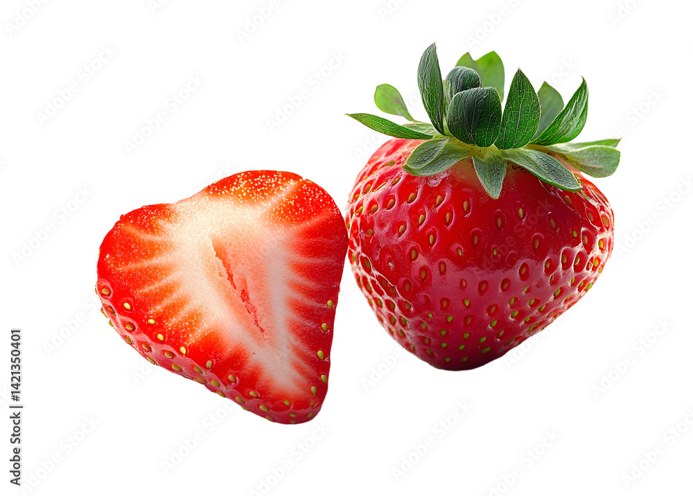 Poster strawberries isolated. strawberry slice and whole berry isolate. two strawberries on white. side vie
