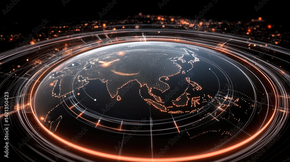 Aufkleber Futuristic digital globe with glowing lines and dots representing Asia, showcasing high tech network and data visualization. vibrant colors create dynamic atmosphere