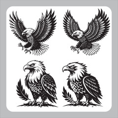 Eagle vector illustration set featuring cartoon and symbolic eagle designs in black and white