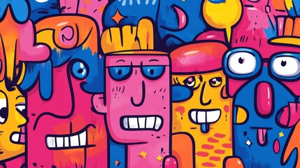 Vivid artistic illustration features whimsical faces with bold colors