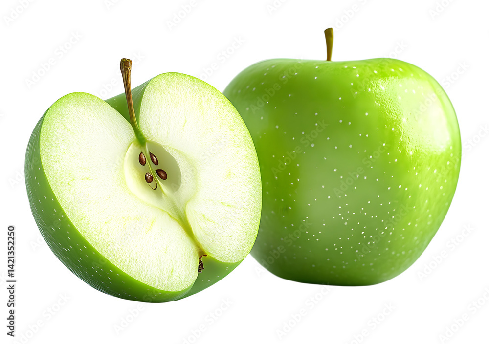 Poster apple isolated png. green apple and a half on transparent background. png format. green apples with 