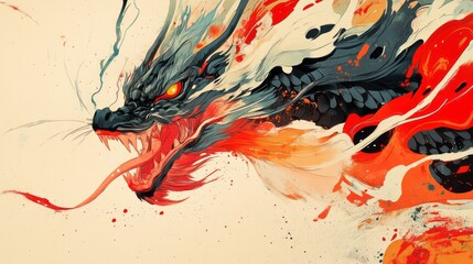 A fierce dragon is depicted in an abstract art style