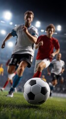 Soccer players in action, blurred background, stadium lights