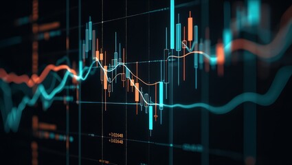 Candlestick chart with moving averages on dark background.