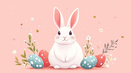 Obraz premium Cute white bunny surrounded by colorful easter eggs illustration
