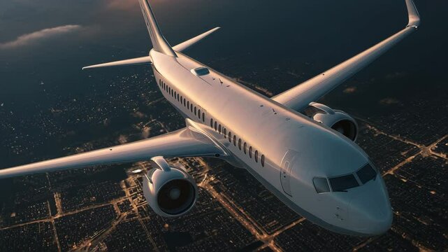 Civilian aircraft flying over the sky at sunset, Airplane flies in sky at sunset day. Travel. Airplane takes off against the background of sunset. Ultra HD 4K.