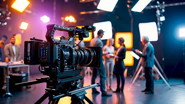 Film crew recording scene with professional camera and lighting in studio setup