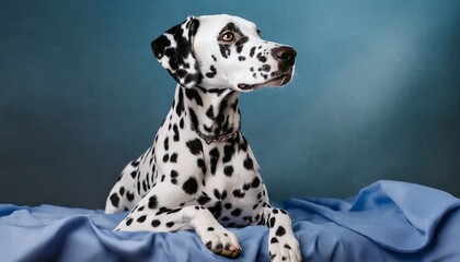 Majestic Dalmatian dog resting on blue fabric elegant pose against a teal backdrop showcasing its
