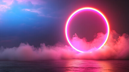Naklejka premium Pink Neon Circle Glowing in Night Sky Above Foggy Water