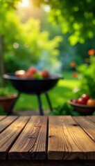 Rustic wooden tabletop, bokeh garden backdrop, barbecue in view , al fresco, vintage