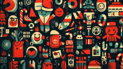 Fototapeta premium Christmas themed pattern with assorted cute icons fills frame