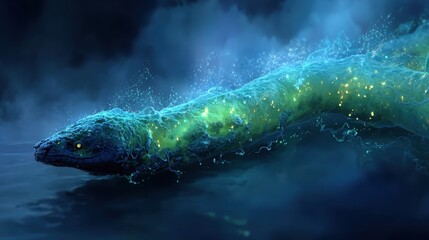 14. A deep sea eel with a long, serpentine body and bioluminescent spots moving rapidly through dark water with only its glowing body visible