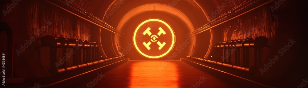 Poster a dimly lit tunnel with an orange glow, featuring a circular emblem, creating a mysterious and indus