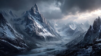 Majestic snow-capped mountains under a dramatic sky