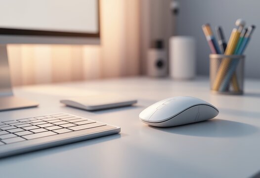 Minimalist workspace featuring a sleek wireless mouse and keyboard setup
