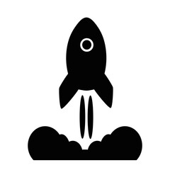  silhouette illustration of a rocket launching . smoke and dust rising below it. 
