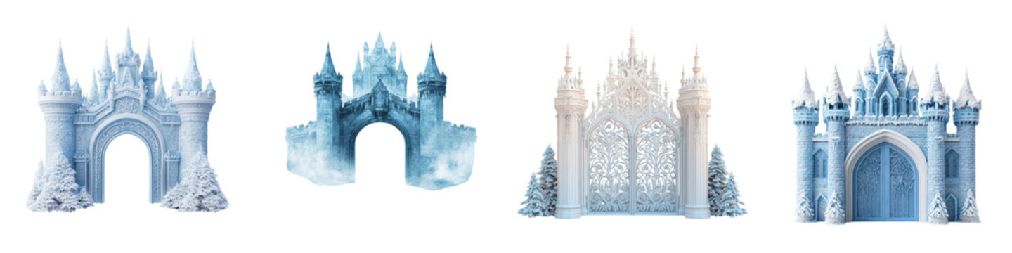 Frozen ice queen's castle gate with intricate crystalline details