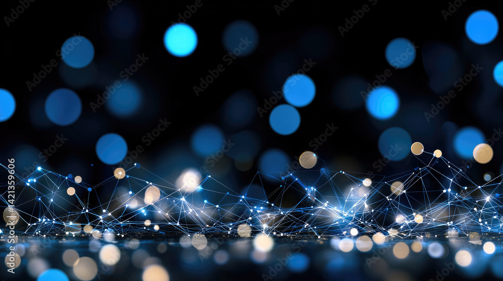 Poster mesmerizing abstract background featuring network of glowing blue and golden dots interconnected by fine lines, creating sense of depth and movement. This evokes feeling of innovation