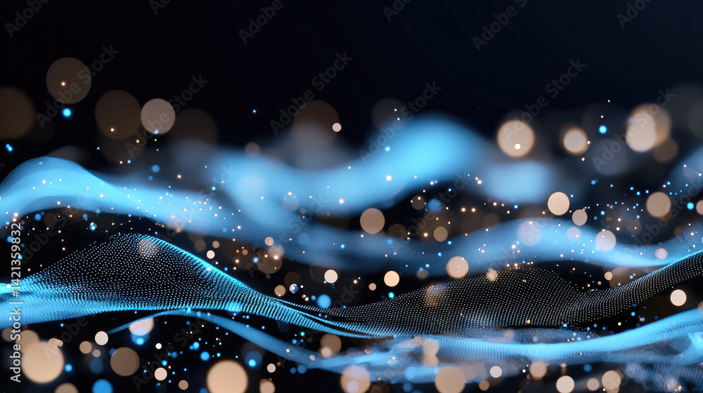 Poster Abstract blue waves with glowing particles create mesmerizing visual effect, evoking sense of tranquility and depth in digital landscape. interplay of light and color captivates viewer