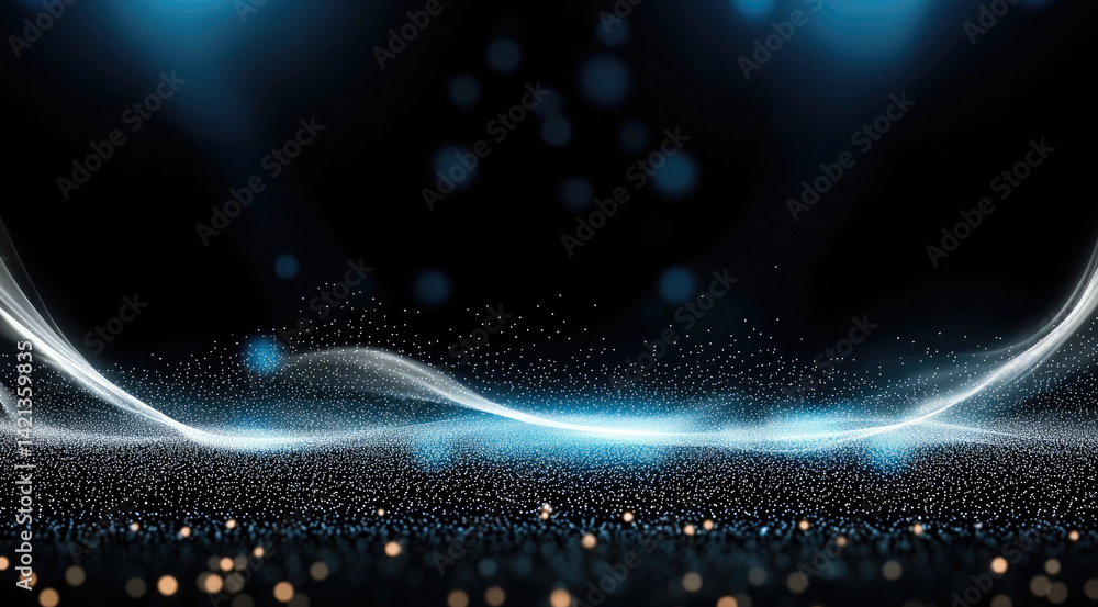 Poster mesmerizing abstract background featuring flowing blue waves and shimmering particles against dark backdrop, evoking sense of tranquility and depth
