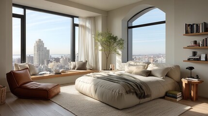 9. Modern bedroom with minimal decor smooth textures large window light and subtle interplay of tone and line