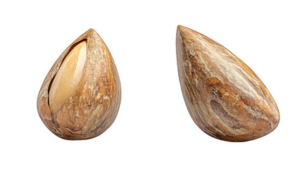 Two halves of a shelled nut, showcasing its inner kernel and textured exterior.