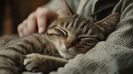 A cat sleeping peacefully on its owner's lap, close-up, serene, soft fur, 