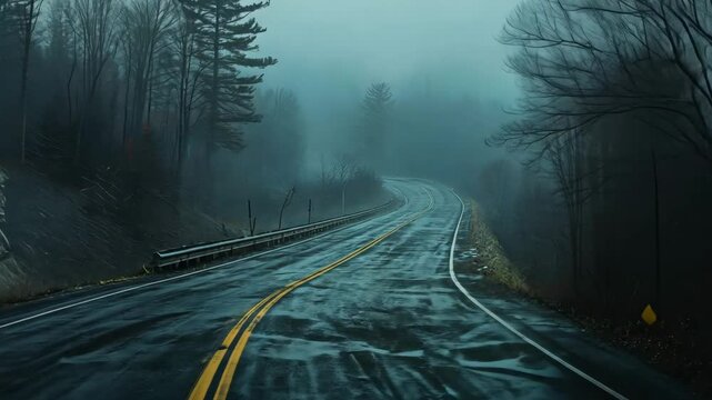 Misty railroad surrounded by pine trees. 