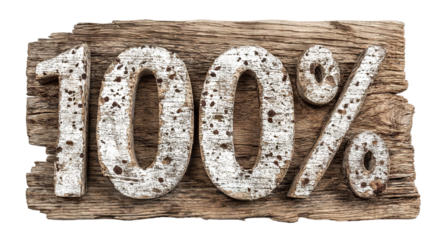 Old wooden 100 percent sign with rustic texture, isolated on transparent cutout background