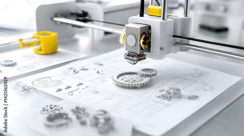 Poster a 3d printer meticulously building a complex mechanical part by depositing material layer by layer o