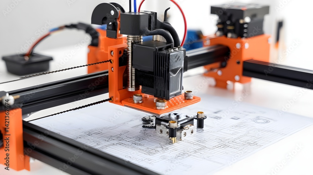 Poster a 3d printer meticulously constructing a mechanical component carefully depositing successive layers