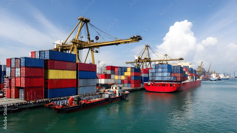 Poster a bustling logistics port with towering stacks of colorful shipping containers and large cargo ships