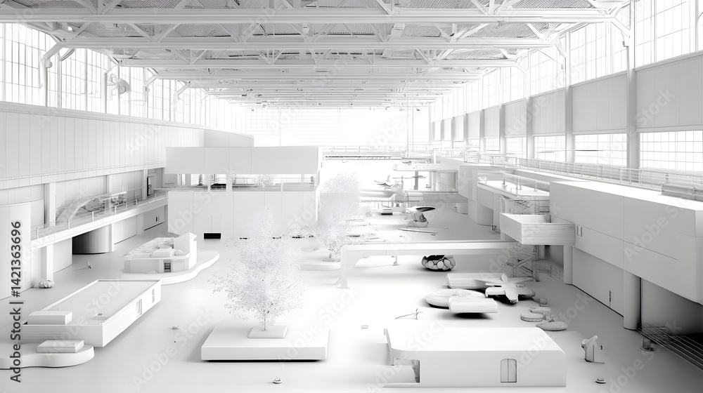 Aufkleber A clean well lit architectural studio space showcasing various scale models and prototypes providing a neutral minimalist setting for commercial use and presentations